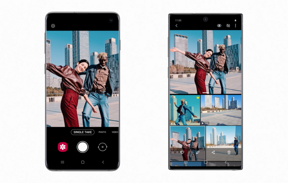Single Take available on the Galaxy S10 (left), Single Take in the Gallery on the Galaxy Note10